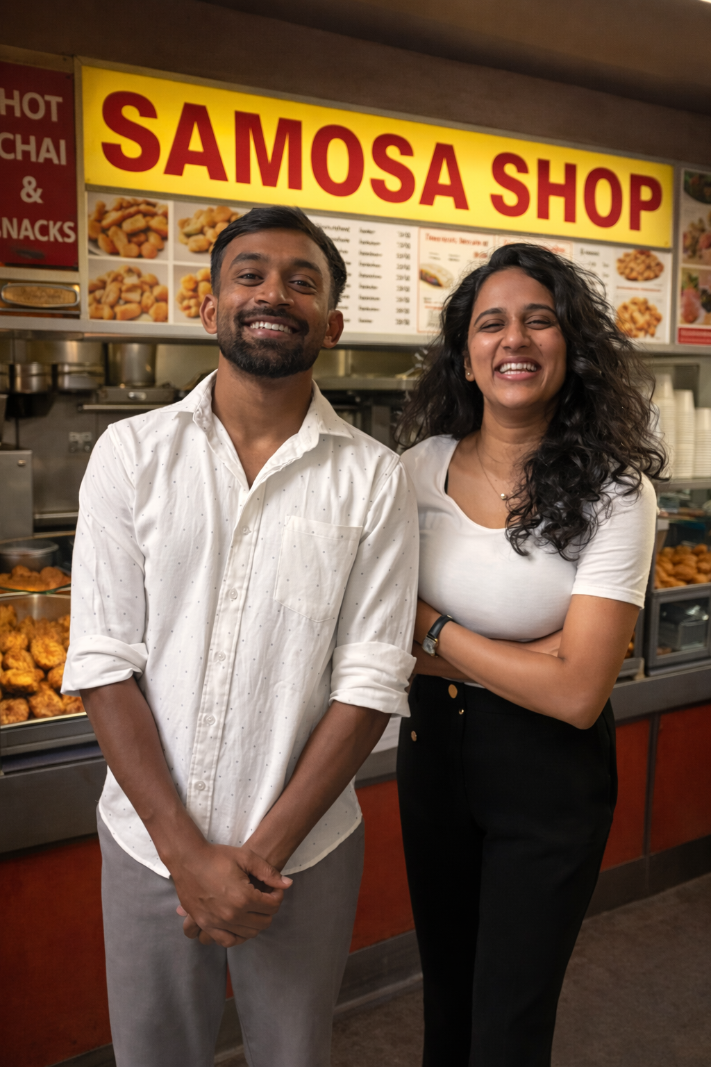 Roopitha and Allen at the Samosa Shop